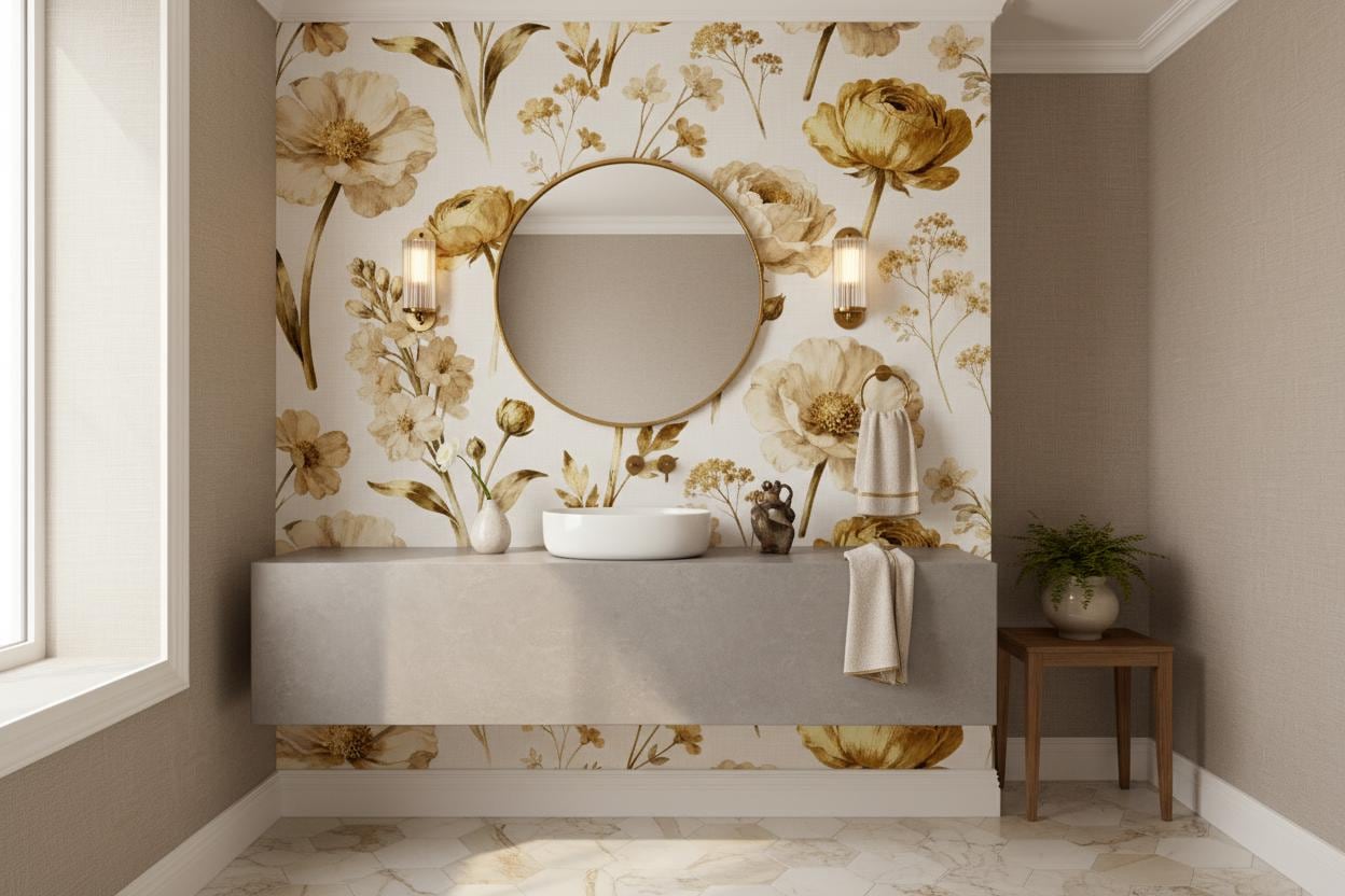 Golden Floral Vintage Botanical Floral Wallpaper – scale reference, Golden Era Walls