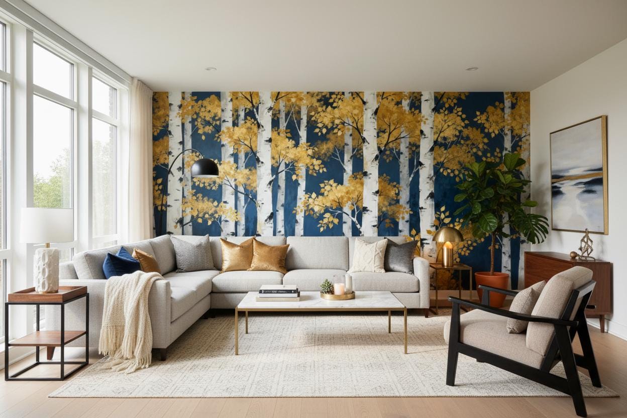 Golden Birch Forest Navy Wallpaper – alternate view, Golden Era Walls