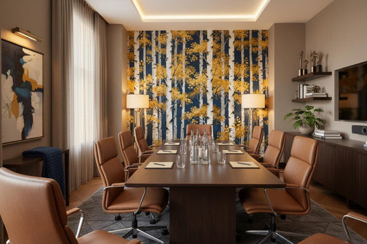 Golden Birch Forest Navy Wallpaper – room setting, Golden Era Walls