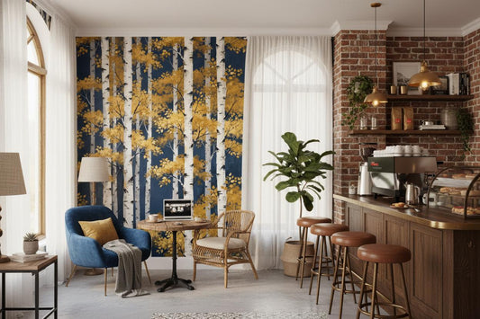 Golden Birch Forest Navy Wallpaper – lifestyle view, Golden Era Walls