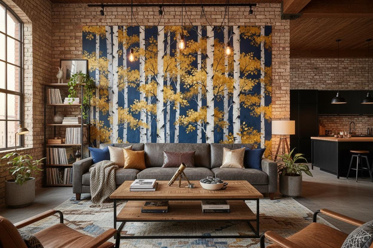 Golden Birch Forest Navy Wallpaper – peel and stick wallpaper mural, Golden Era Walls