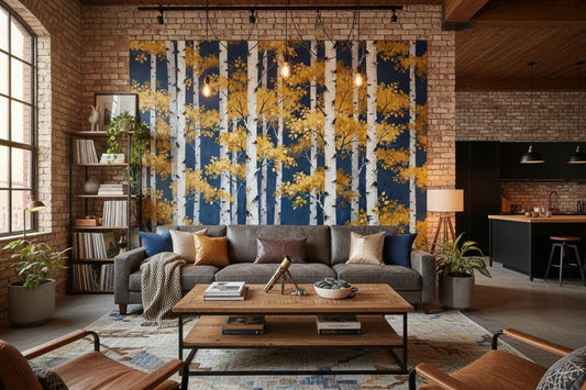 Golden Birch Forest Navy Wallpaper – peel and stick wallpaper mural, Golden Era Walls