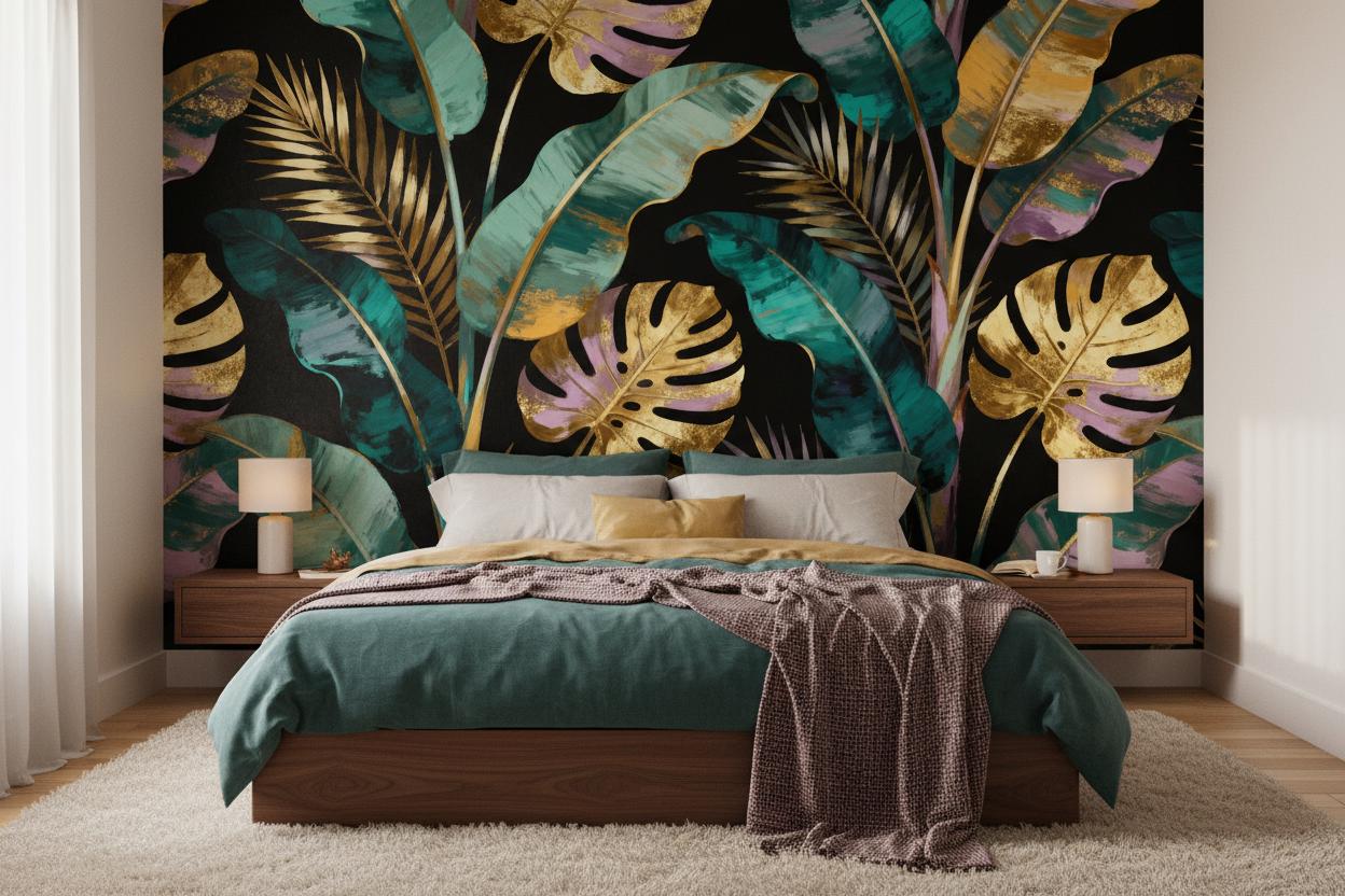 Gold Tropical Leaves Dark Floral Wallpaper – peel and stick wallpaper mural, Golden Era Walls