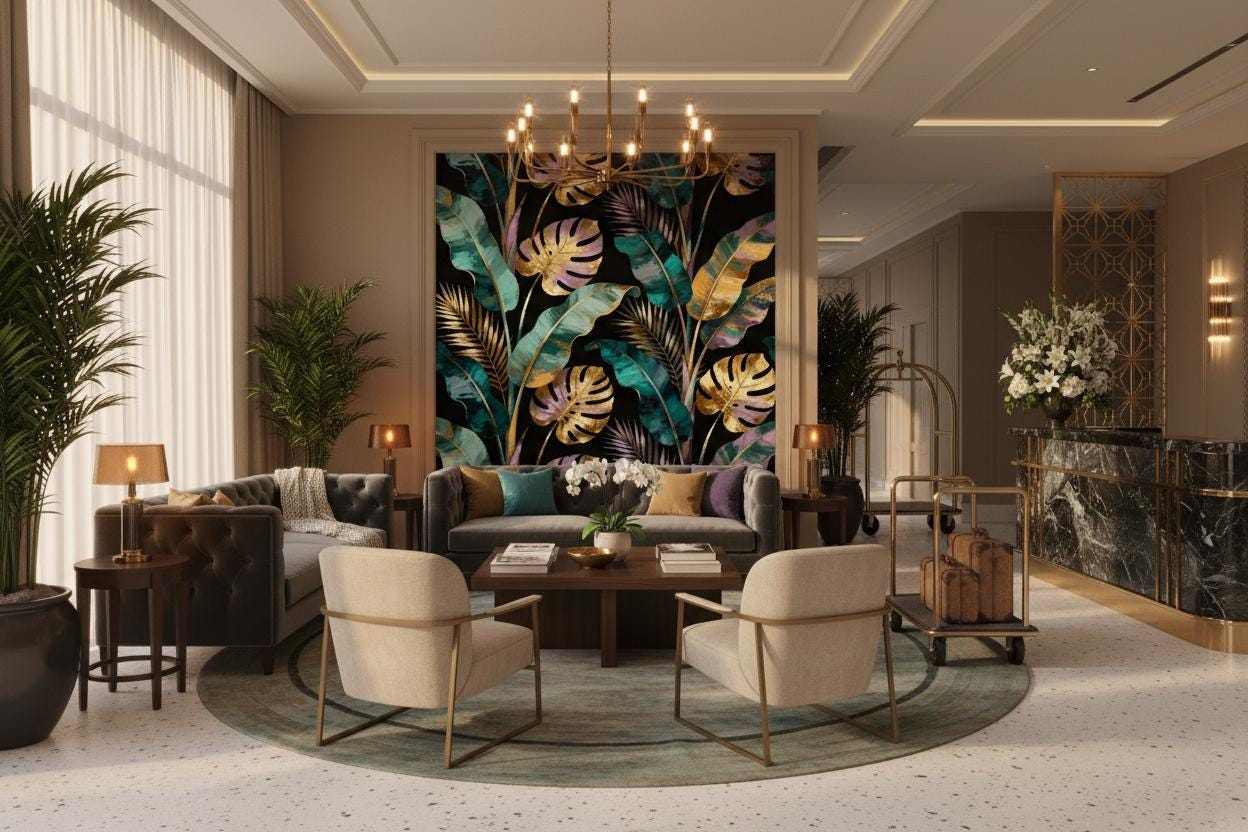 Gold Tropical Leaves Dark Floral Wallpaper – alternate view, Golden Era Walls