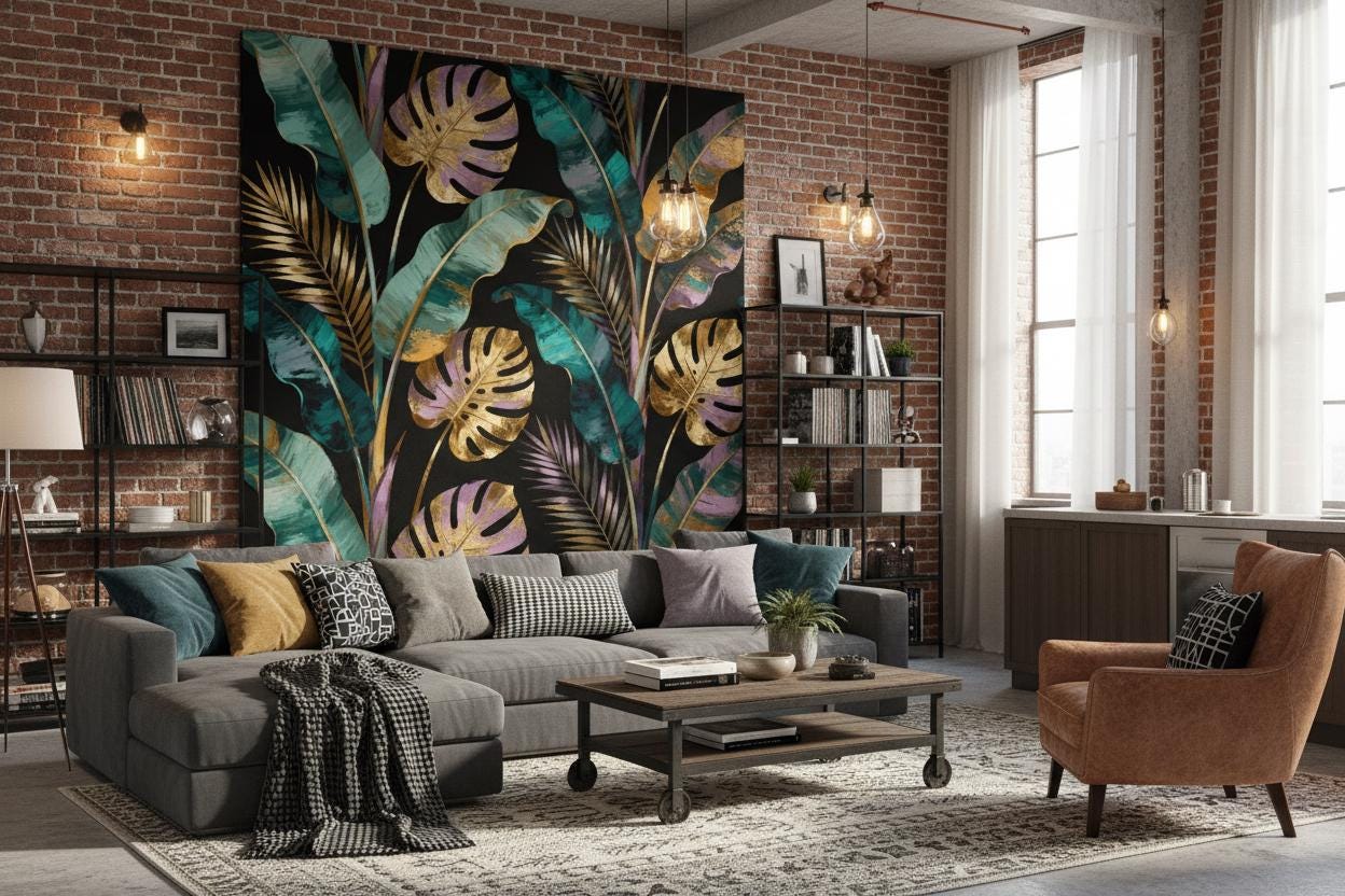 Gold Tropical Leaves Dark Floral Wallpaper – scale reference, Golden Era Walls
