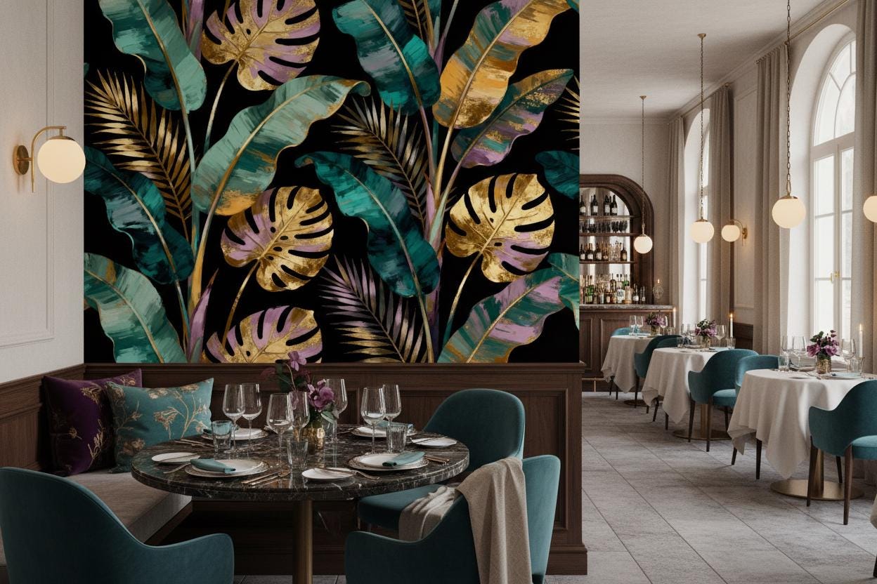Gold Tropical Leaves Dark Floral Wallpaper – lifestyle view, Golden Era Walls