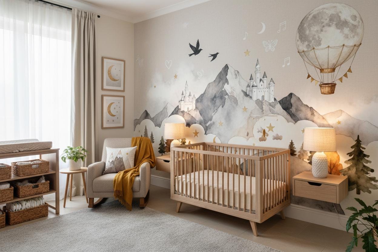 Fairytale Castle Gray Watercolor Wallpaper – room setting, Golden Era Walls