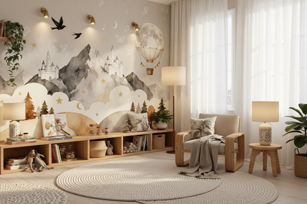 Fairytale Castle Gray Watercolor Wallpaper – lifestyle view, Golden Era Walls
