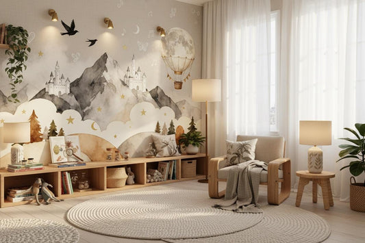 Fairytale Castle Gray Watercolor Wallpaper – lifestyle view, Golden Era Walls