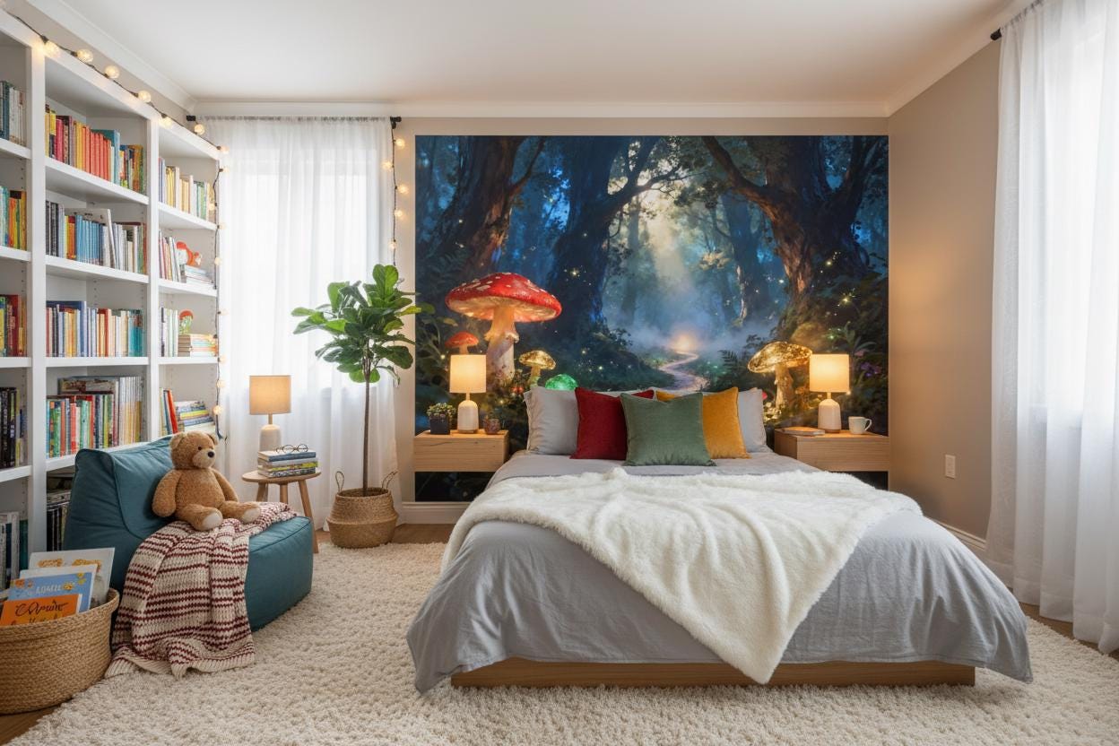 Fairytale Castle Gray Watercolor Wallpaper – scale reference, Golden Era Walls