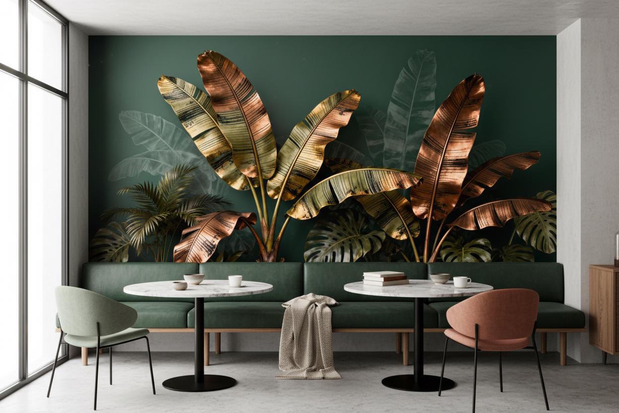 Emerald Green Tropical Metallic Floral Wallpaper – room setting, Golden Era Walls