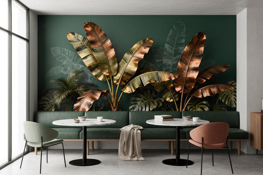 Emerald Green Tropical Metallic Floral Wallpaper – room setting, Golden Era Walls
