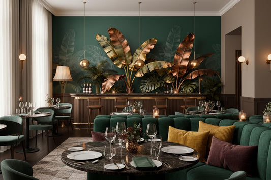 Emerald Green Tropical Metallic Floral Wallpaper – lifestyle view, Golden Era Walls