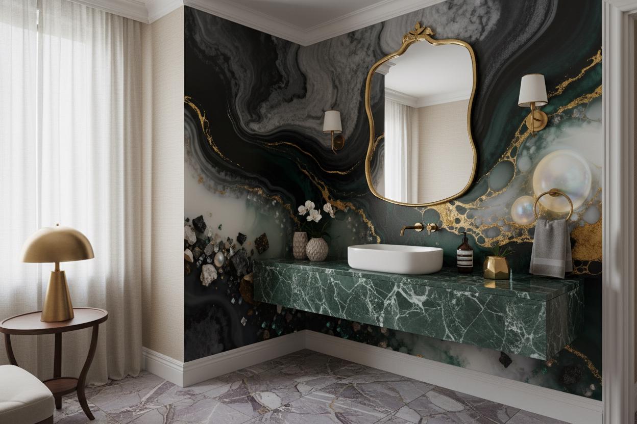 Emerald Gold Abstract Luxury Geometric Wallpaper – room setting, Golden Era Walls