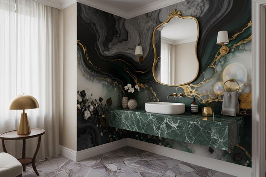 Emerald Gold Abstract Luxury Geometric Wallpaper – room setting, Golden Era Walls