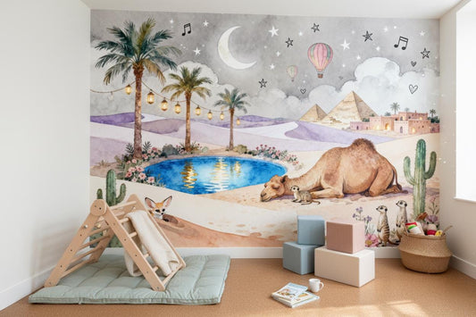 Dreamy Desert Oasis Pastel Wallpaper – peel and stick wallpaper mural, Golden Era Walls