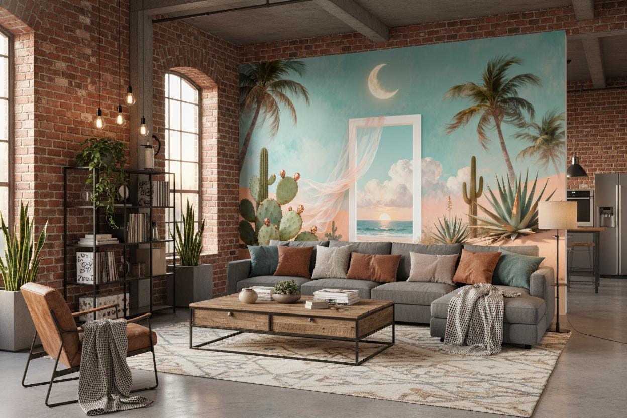 Desert Portal Landscape Turquoise Coastal Wallpaper – room setting, Golden Era Walls