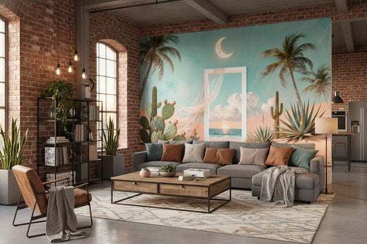 Desert Portal Landscape Turquoise Coastal Wallpaper – room setting, Golden Era Walls