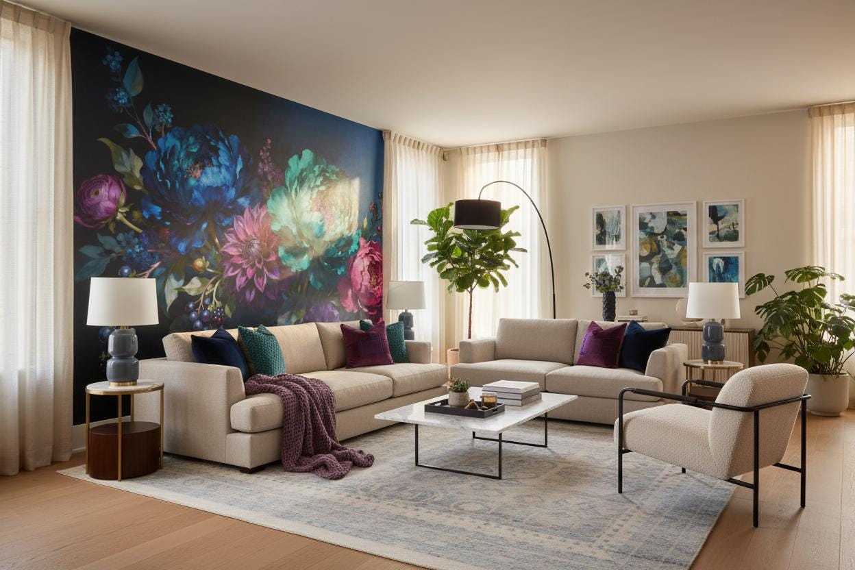 Dark Floral Moody Botanical Floral Wallpaper – alternate view, Golden Era Walls