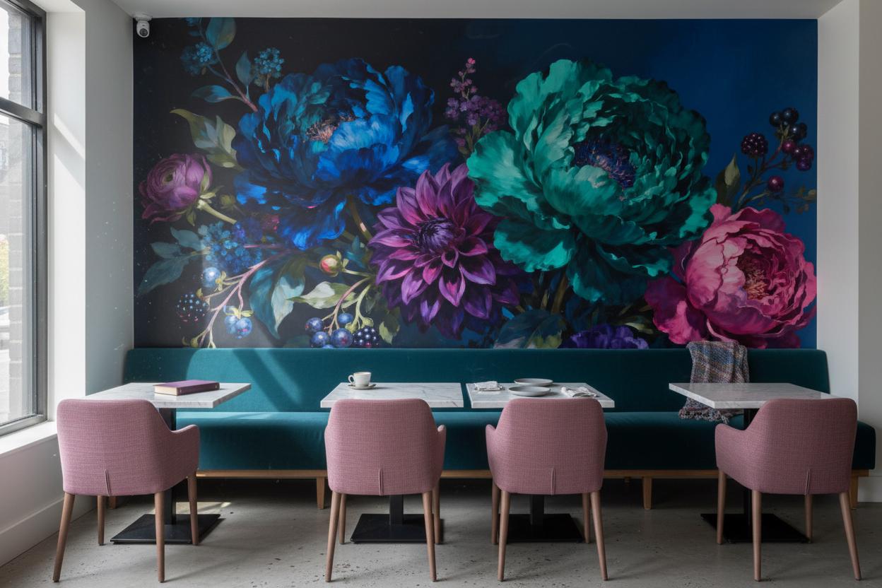 Dark Floral Moody Botanical Floral Wallpaper – lifestyle view, Golden Era Walls