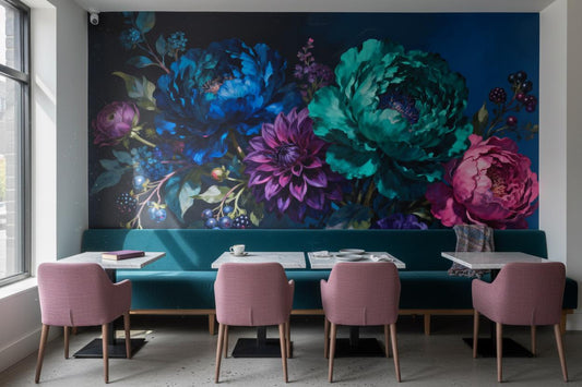 Dark Floral Moody Botanical Floral Wallpaper – lifestyle view, Golden Era Walls