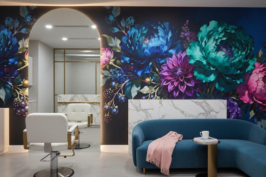 Dark Floral Moody Botanical Floral Wallpaper – room setting, Golden Era Walls