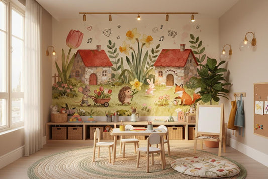 Cottagecore Woodland Animals Watercolor Floral Wallpaper – peel and stick wallpaper mural, Golden Era Walls