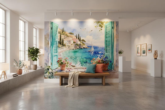 Coastal Window View Blue Coastal Wallpaper – room setting, Golden Era Walls