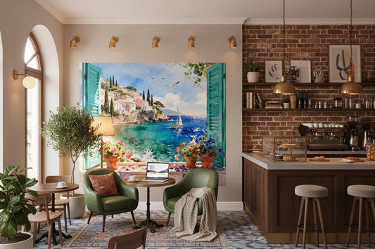 Coastal Window View Blue Coastal Wallpaper – peel and stick wallpaper mural, Golden Era Walls