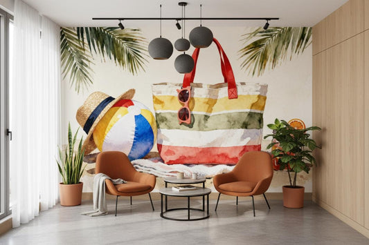 Coastal Watercolor Beach Summer Tropical Wallpaper – peel and stick wallpaper mural, Golden Era Walls