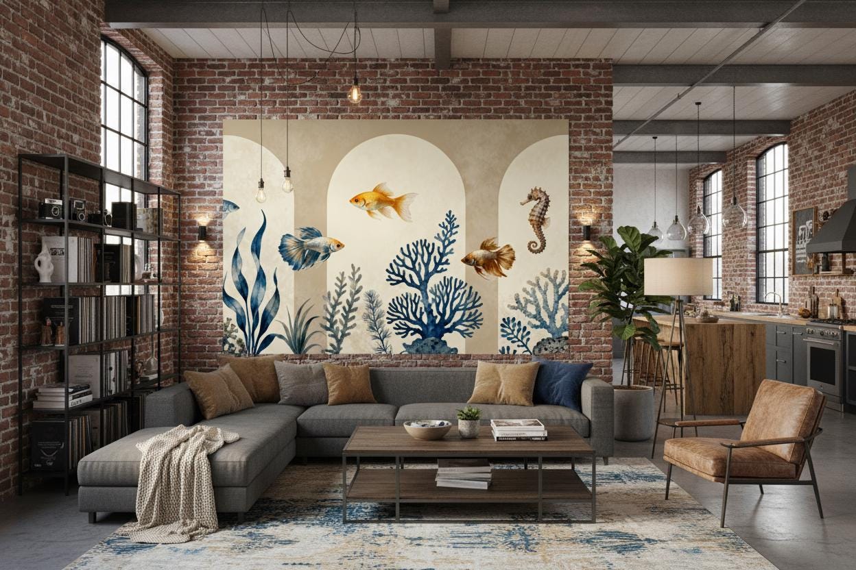 Coastal Ocean Fish Beige Coastal Wallpaper – room setting, Golden Era Walls