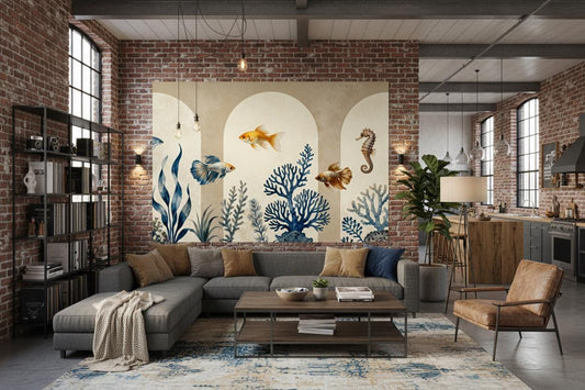 Coastal Ocean Fish Beige Coastal Wallpaper – room setting, Golden Era Walls