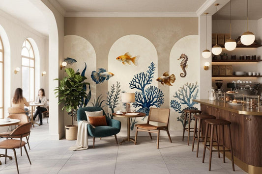 Coastal Ocean Fish Beige Coastal Wallpaper – peel and stick wallpaper mural, Golden Era Walls