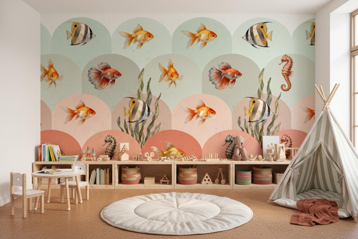 Coastal Fish Green Peach Coastal Wallpaper – room setting, Golden Era Walls