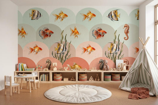 Coastal Fish Green Peach Coastal Wallpaper – room setting, Golden Era Walls