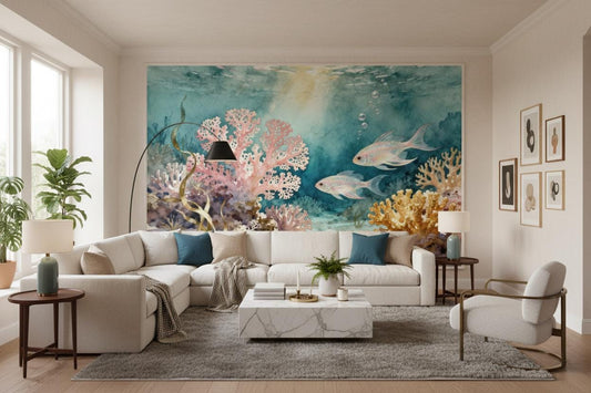 Coastal Coral Reef Teal Coastal Wallpaper – lifestyle view, Golden Era Walls