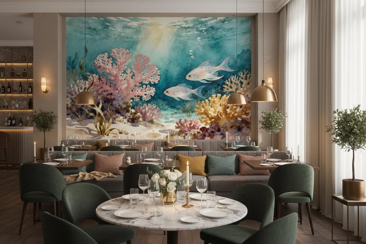 Coastal Coral Reef Teal Coastal Wallpaper – scale reference, Golden Era Walls
