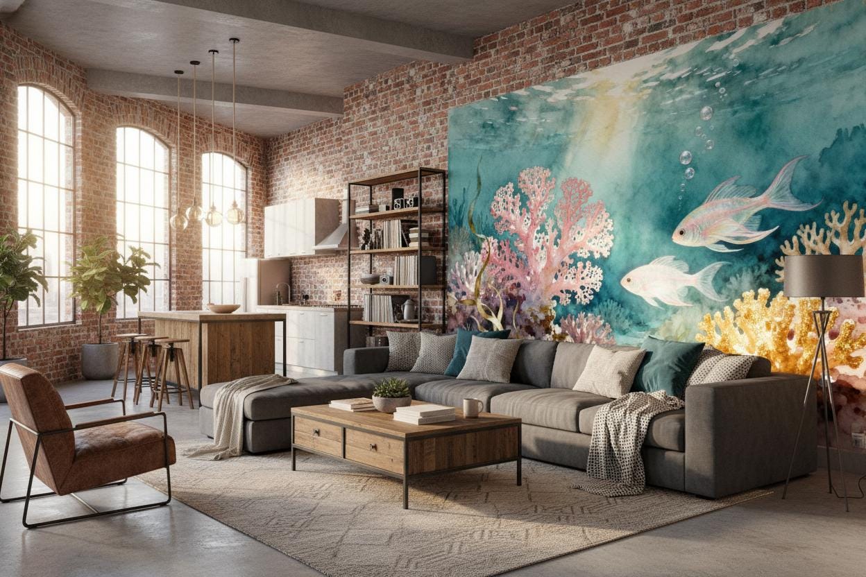 Coastal Coral Reef Teal Coastal Wallpaper – peel and stick wallpaper mural, Golden Era Walls