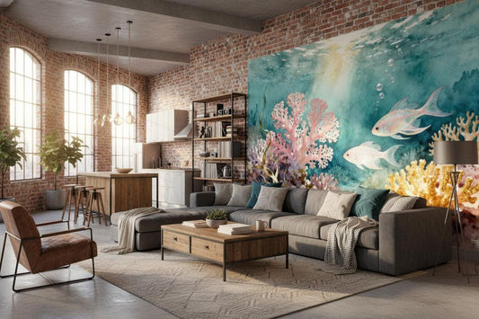 Coastal Coral Reef Teal Coastal Wallpaper – peel and stick wallpaper mural, Golden Era Walls