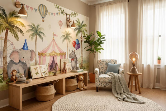Circus Animal Pastel Watercolor Wallpaper – lifestyle view, Golden Era Walls