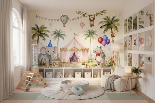 Circus Animal Pastel Watercolor Wallpaper – peel and stick wallpaper mural, Golden Era Walls