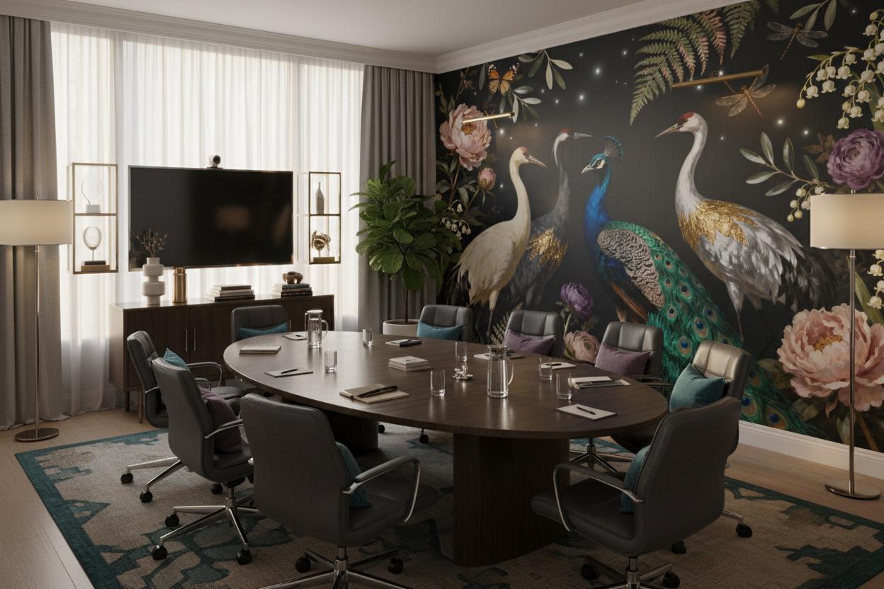 Chinoiserie Peacock Crane Dark Floral Wallpaper – scale reference, Golden Era Walls