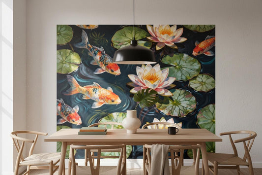 Chinoiserie Koi Fish Dark Wallpaper – room setting, Golden Era Walls