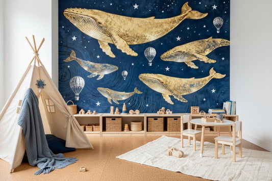 Celestial Whale Blue Gold Coastal Wallpaper – room setting, Golden Era Walls