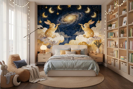 Luxury Navy Gold Celestial Wallpaper – peel and stick wallpaper mural, Golden Era Walls