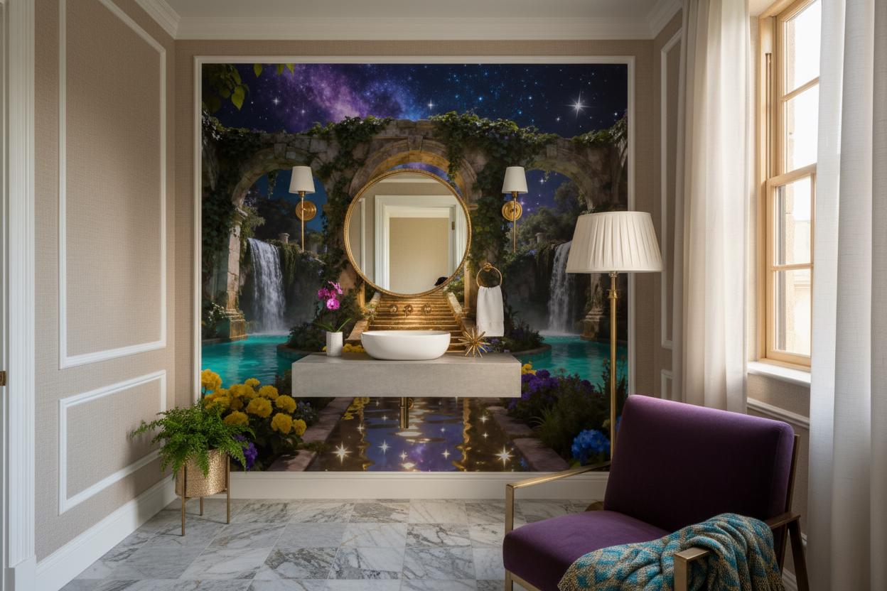 Blue Gold Fantasy Garden Floral Wallpaper – scale reference, Golden Era Walls
