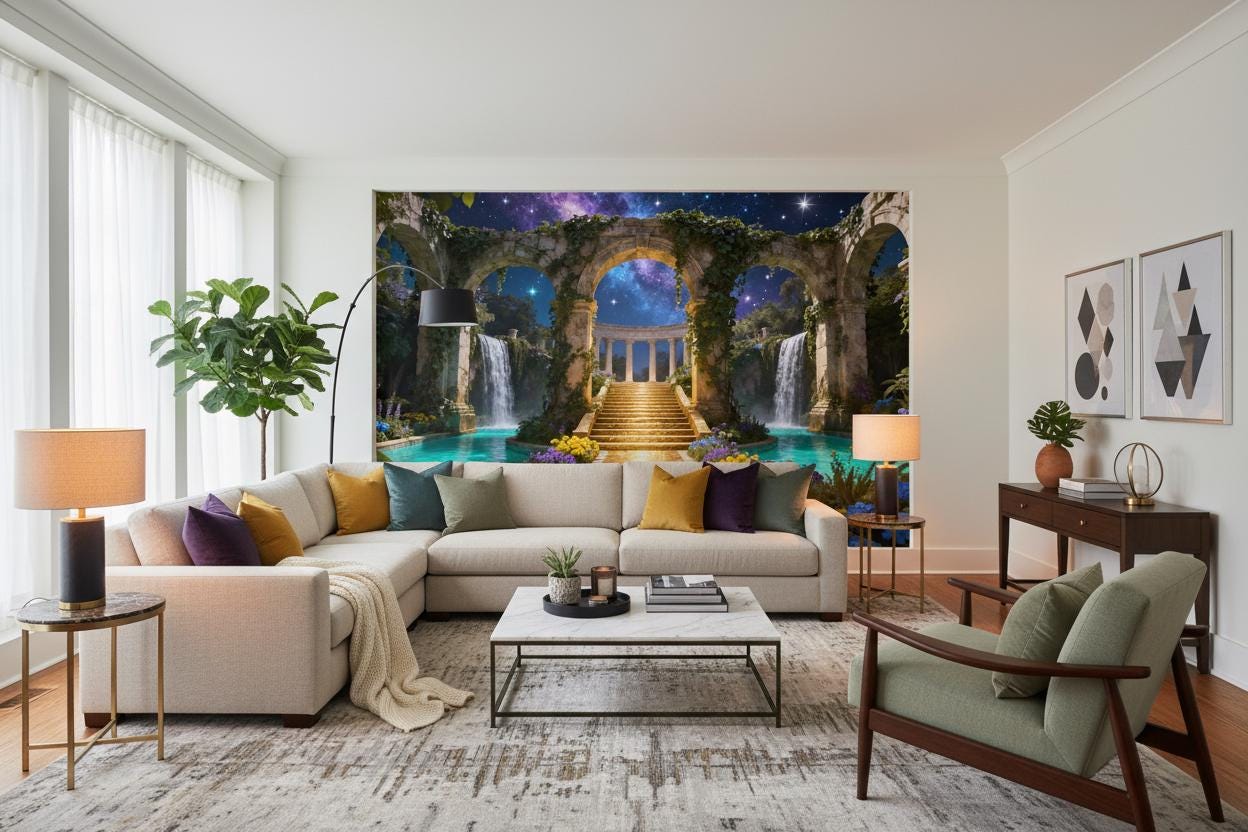 Blue Gold Fantasy Garden Floral Wallpaper – alternate view, Golden Era Walls