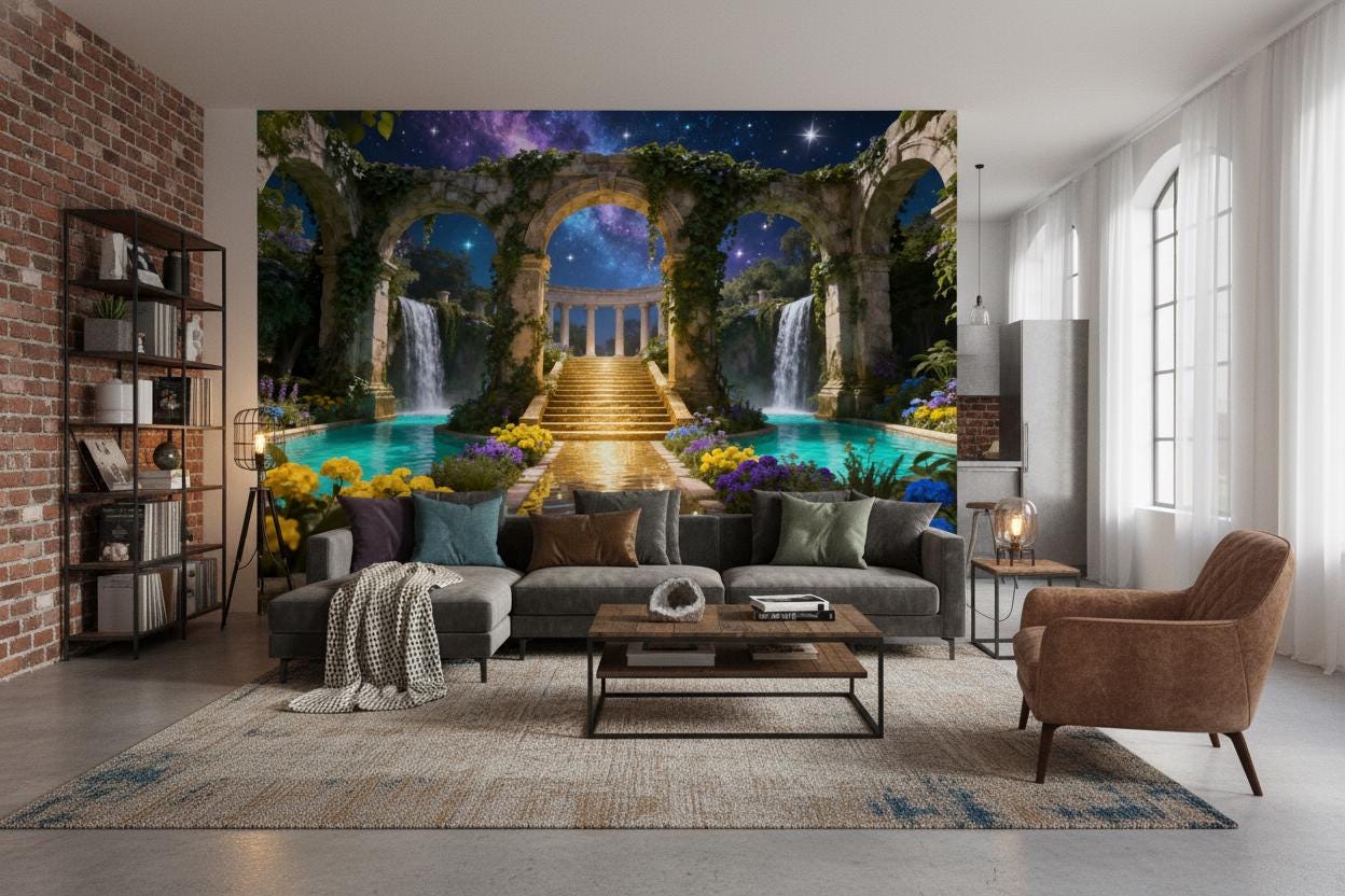 Blue Gold Fantasy Garden Floral Wallpaper – peel and stick wallpaper mural, Golden Era Walls