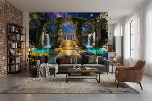 Blue Gold Fantasy Garden Floral Wallpaper – peel and stick wallpaper mural, Golden Era Walls