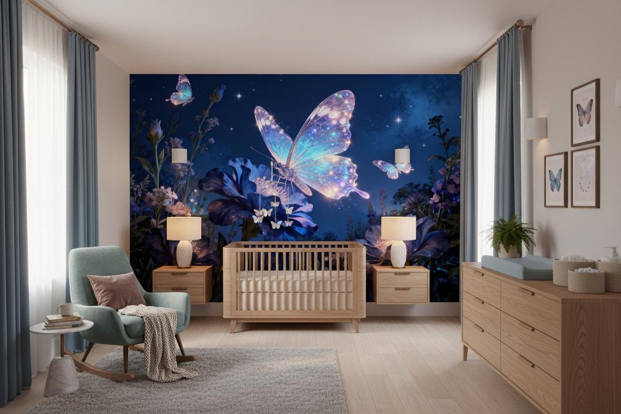 Opulent Dark Blue Butterfly Floral Wallpaper – alternate view, Golden Era Walls